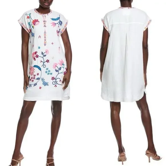 Johnny Was Mishti Elena White Gauze Cotton Shift Dress Sz S Embroidered  Floral